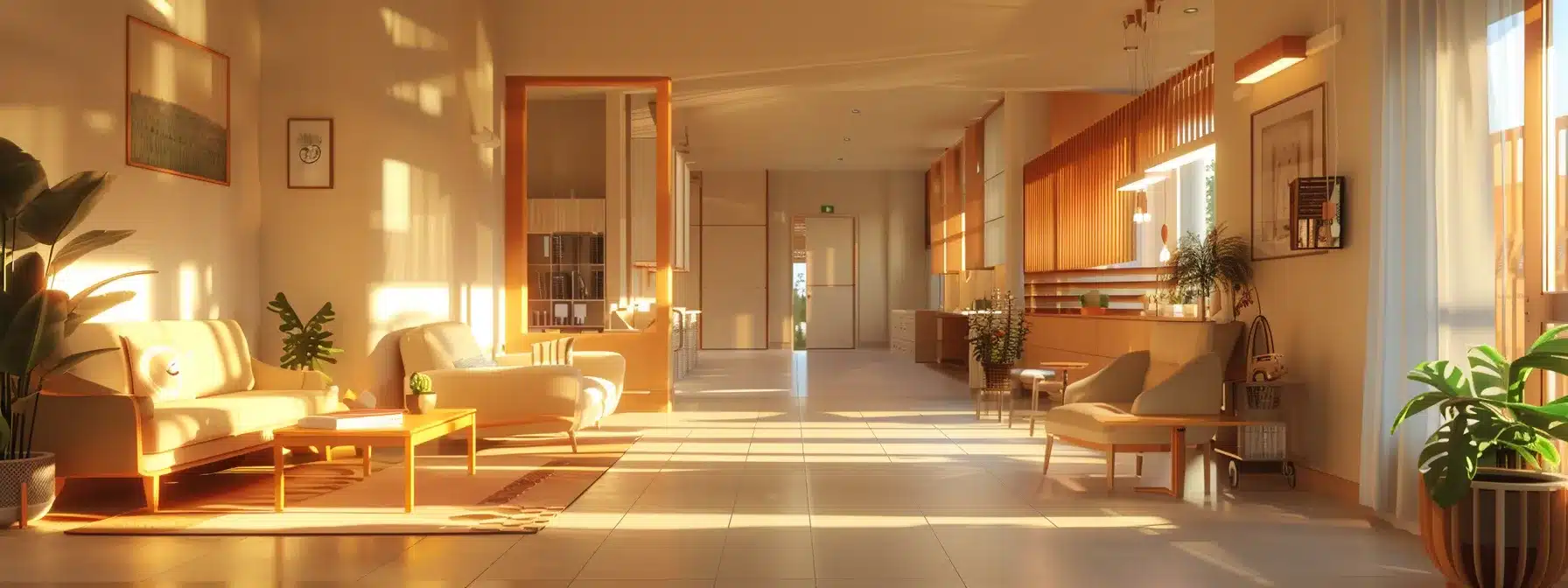 a thoughtfully designed, modern residential care facility with inviting communal spaces, featuring warm lighting and comforting decor, illustrates a supportive environment tailored for residents receiving dementia care.