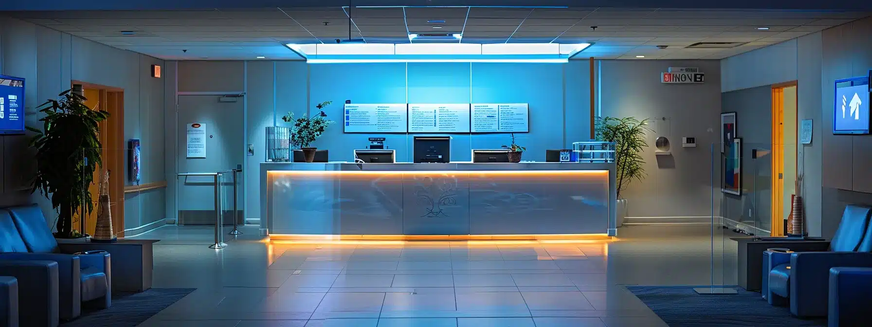 a thoughtfully designed nursing home interior showcases a welcoming reception area with comfortable seating and clear informational displays about assisted living eligibility and services, illuminated by warm artificial lighting to create a reassuring atmosphere.