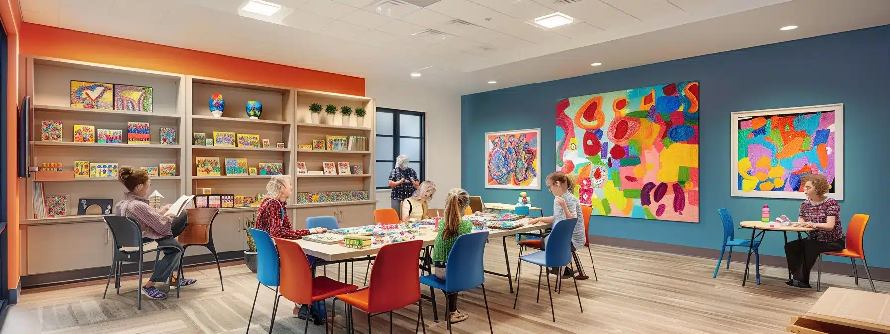 a vibrant and inviting activity room in an alzheimer care facility, showcasing residents joyfully engaging in a colorful art session around a large shared table, with warm lighting emphasizing their expressive creations and fostering a sense of community.