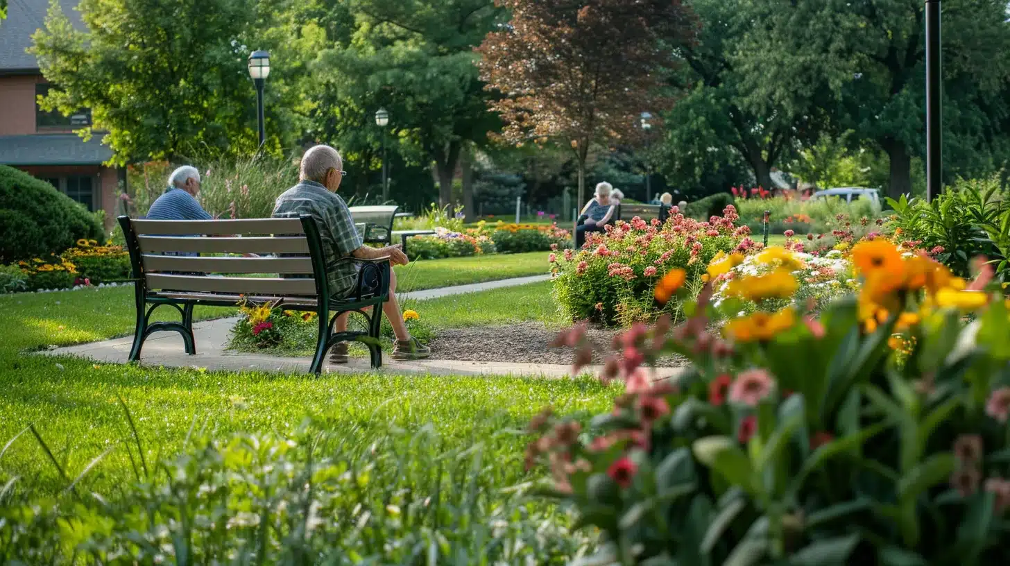 a vibrant retirement community in ypsilanti, showcasing active seniors engaged in various outdoor recreational activities surrounded by lush greenery and colorful flower beds.