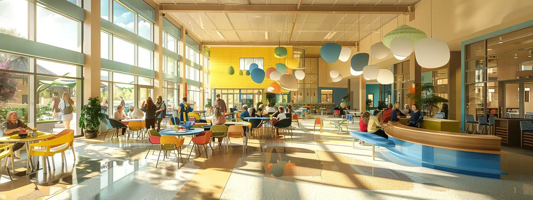 a vibrant, well-lit common area in a senior citizen's care facility, featuring engaged residents participating in a therapeutic activity, with inviting dining options in the background, highlighting the supportive environment tailored for dementia care.