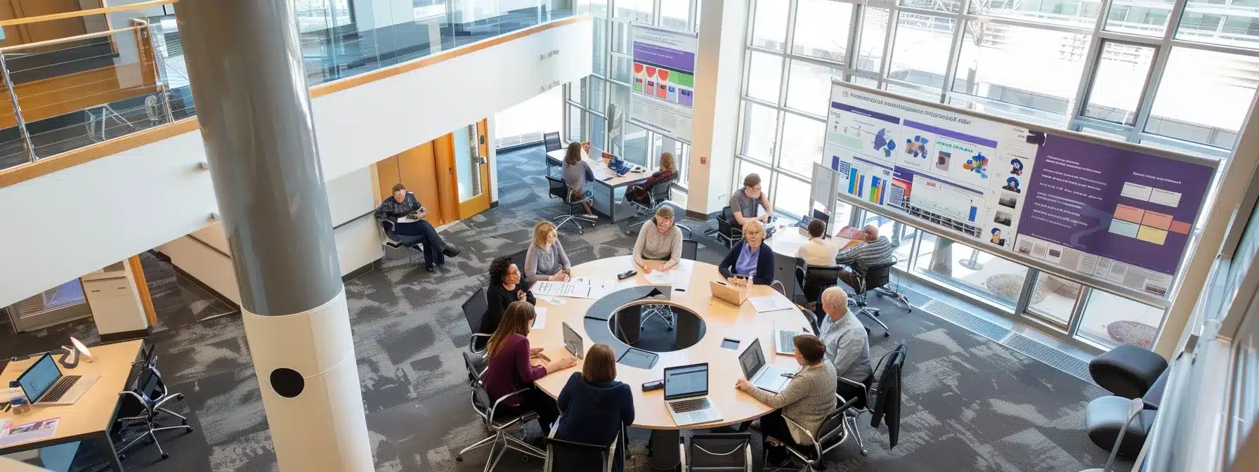 a visually dynamic office setting showcases a diverse group of professionals engaged in a collaborative meeting, surrounded by charts and documents that illustrate a well-organized plan for comprehensive dementia care, highlighting the integration of family support and expert guidance.