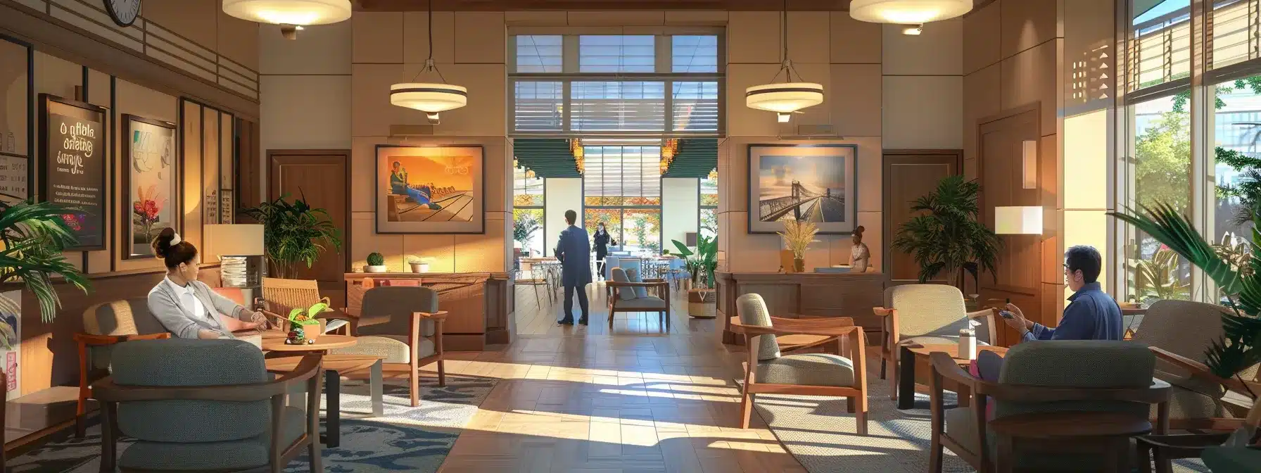 a warm and inviting assisted living common area in a new york city facility, showcasing engaging activities for seniors with dementia, featuring comfortable furnishings, supportive staff interacting with residents, and informative posters about available resources and care options.