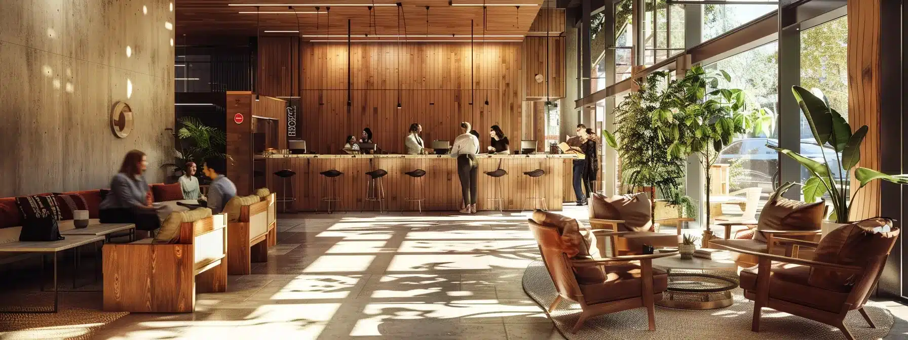 a warm and inviting assisted living facility reception area, featuring comfortable seating and friendly staff interacting with residents, capturing the essence of care, community, and accessibility in a modern indoor environment.
