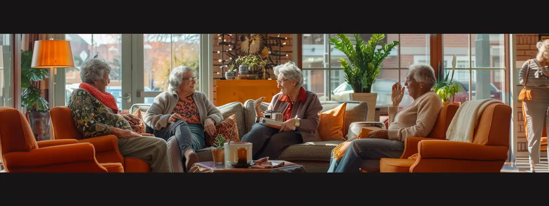 a warm and inviting common area of an assisted living facility, featuring seniors engaged in lively conversations and group activities, surrounded by comfortable seating and tasteful decor that evokes a sense of community and belonging.