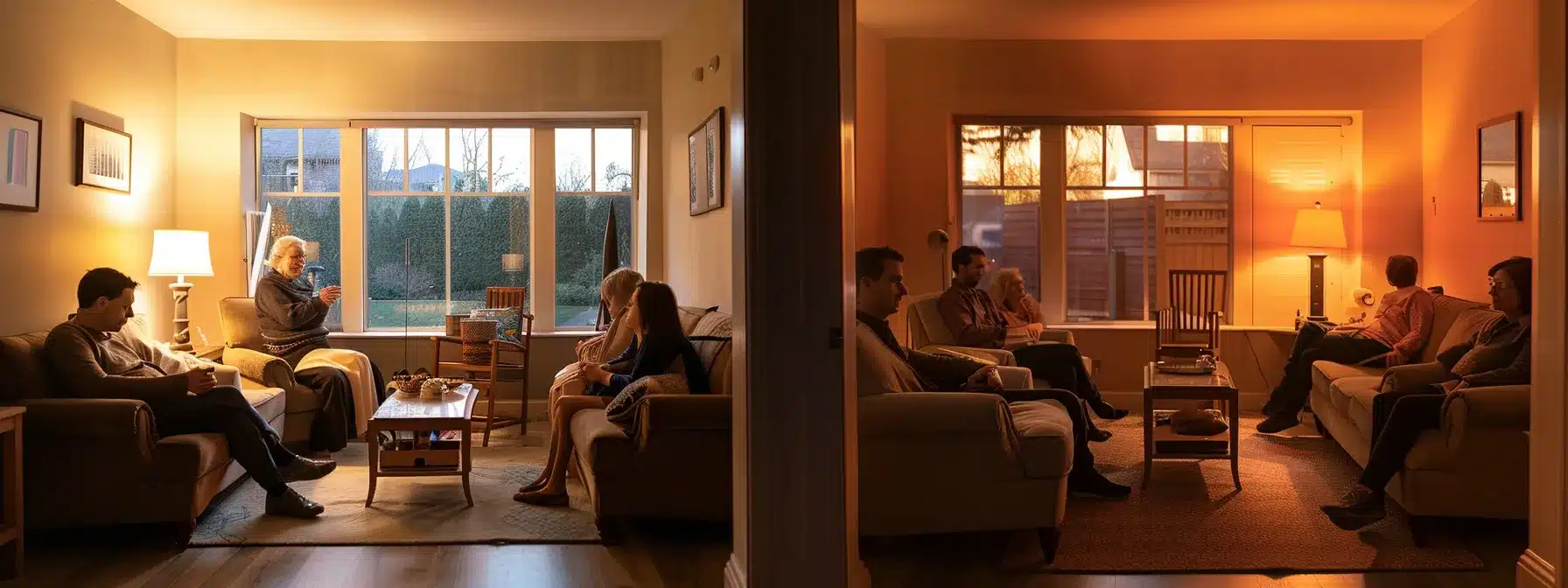 a warm and inviting common room in a dementia care facility, featuring comfortable seating arrangements and soft lighting, where staff members engage compassionately with residents as they navigate their new environment together.
