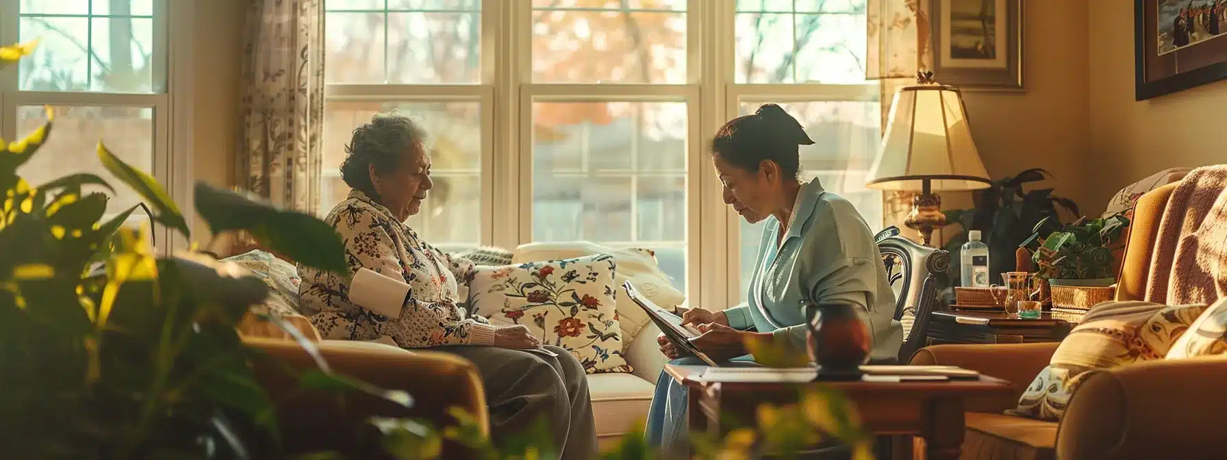 a warm and inviting home interior showcases a caregiver attentively engaging with an elderly client, surrounded by comforting furnishings and supportive memory aids, emphasizing the compassionate essence of in-home dementia care services.