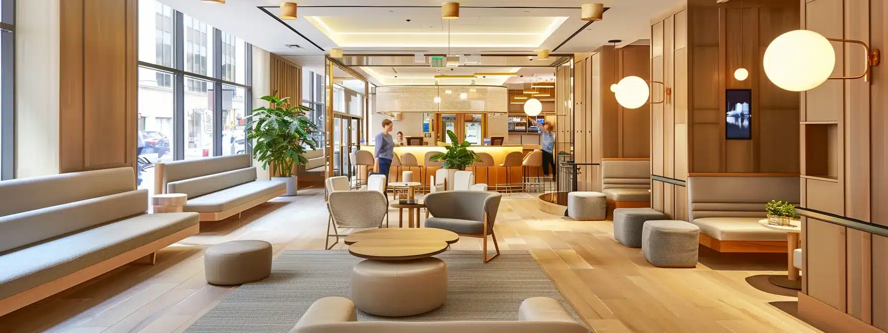 a warm and inviting interior of a dementia-friendly assisted living community in new york city, featuring spacious common areas with comfortable furnishings, friendly staff interacting with residents, and informational displays about care resources, all illuminated by soft artificial lighting to create a sense of safety and belonging.