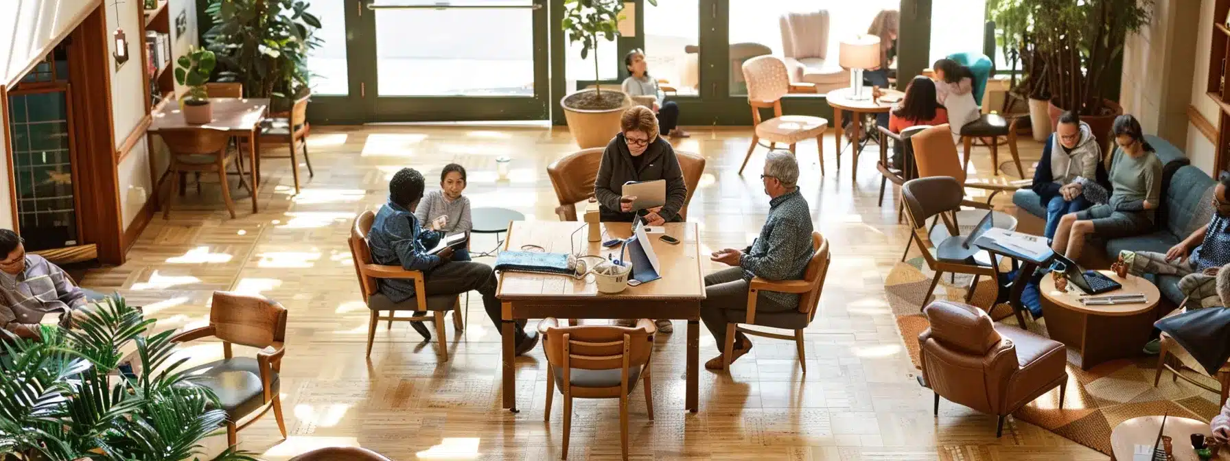 a warm and inviting nursing home common area bustling with families actively engaging in discussions about personalized dementia care plans, featuring tables with informational materials and supportive visuals to encourage collaboration and education.