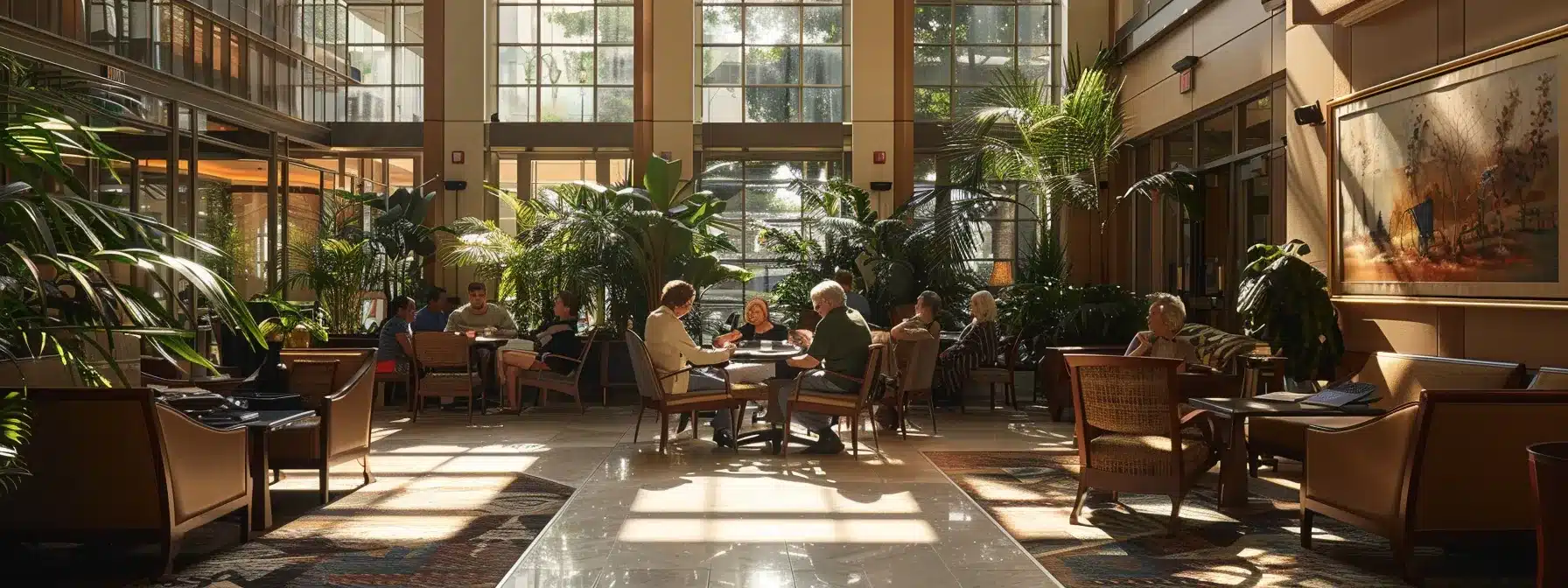a warm, inviting common area of a dementia nursing home in michigan, featuring residents engaging in cognitive therapy sessions with attentive staff, showcasing a balance of care and accessibility tailored to the community's needs.