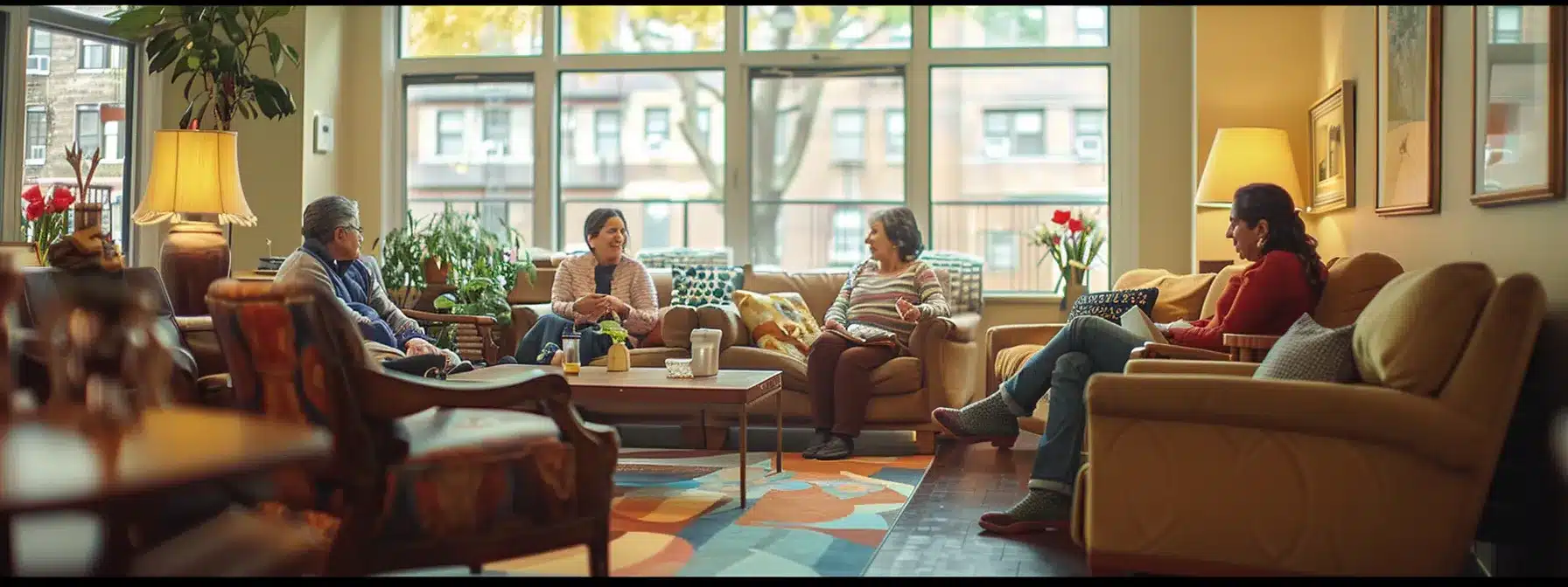 a warm, inviting common area in a dementia-friendly assisted living facility in new york city, featuring families engaging in heartfelt conversations with their loved ones, surrounded by tasteful decor that encourages connection and comfort.