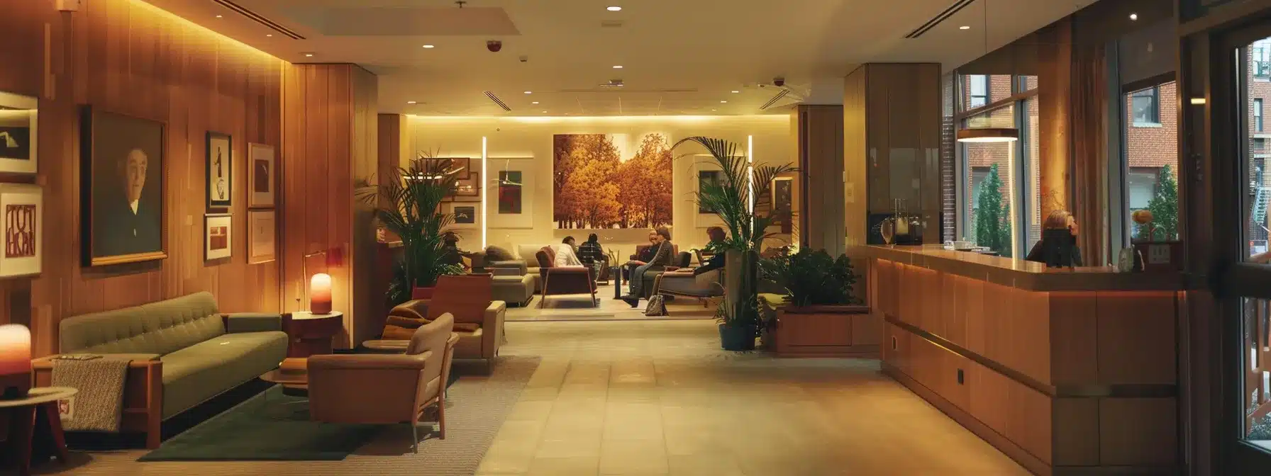 a warm, inviting interior of a dementia-friendly assisted living facility in new york city, featuring softly illuminated communal spaces with comfortable seating, engaging wall art, and residents interacting with attentive caregivers, all designed to promote a sense of security and community.