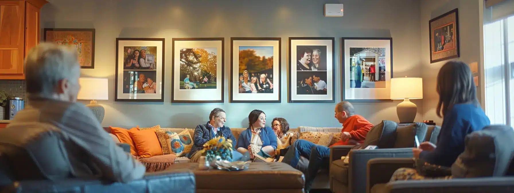 a warm, inviting interior of a dementia care facility showcases a cozy lounge area where families gather, sharing heartfelt stories while framed photographs of residents adorn the walls, reflecting a sense of community and personal connection.