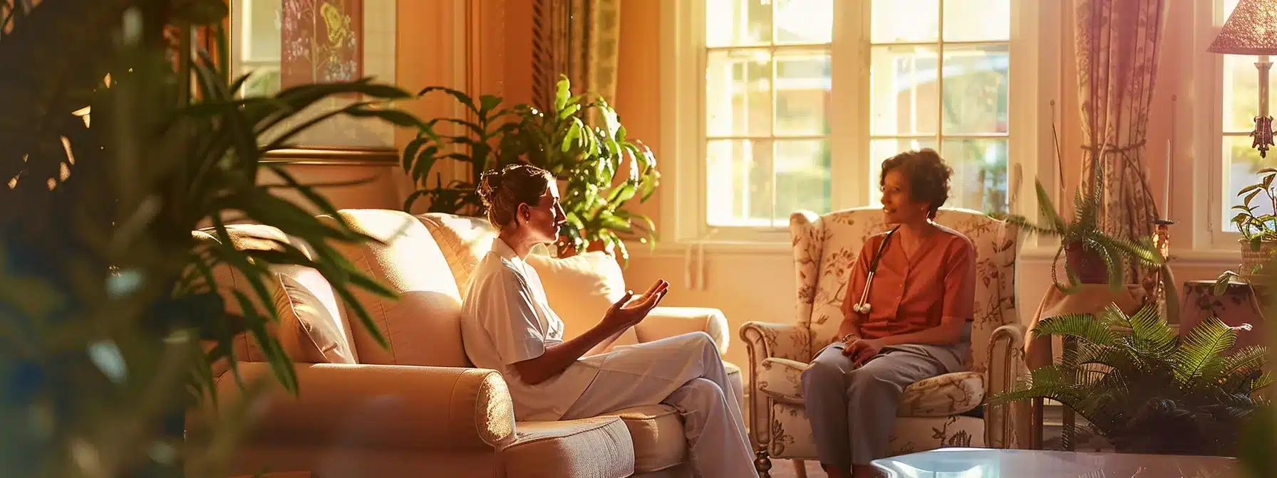 a warm, inviting interior of a specialized alzheimer's care facility features a dedicated caregiver engaged in thoughtful discussion with a family member, surrounded by tailored care plans and comfortable furnishings, emphasizing personalized support and communication in a nurturing environment.