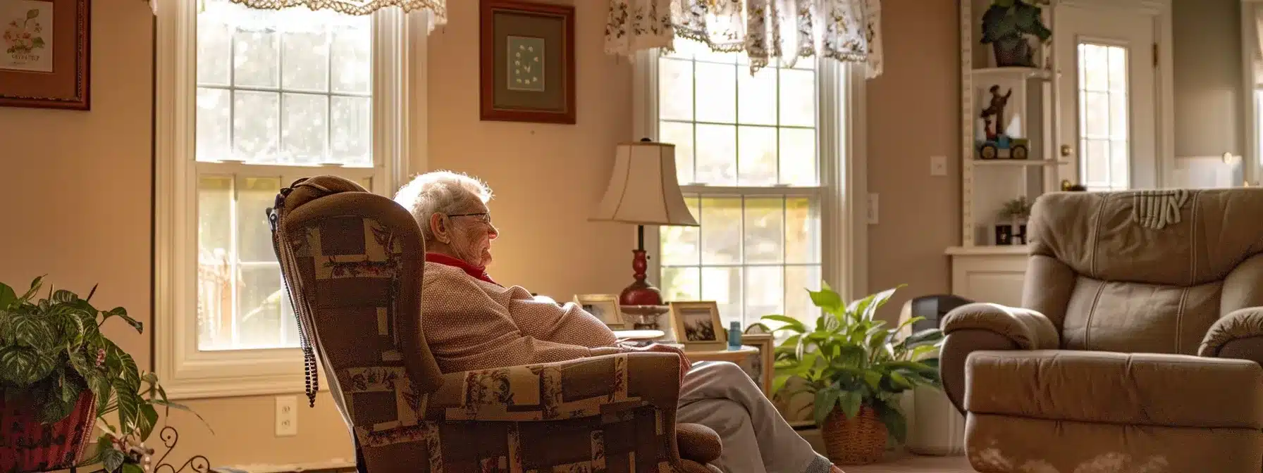 a warm, inviting living room setting in a michigan home showcases personalized in-home care for an elderly patient, featuring a cozy armchair, comforting decor, and a dedicated caregiver engaged in a thoughtful conversation, highlighting compassion and support for alzheimer’s patients.
