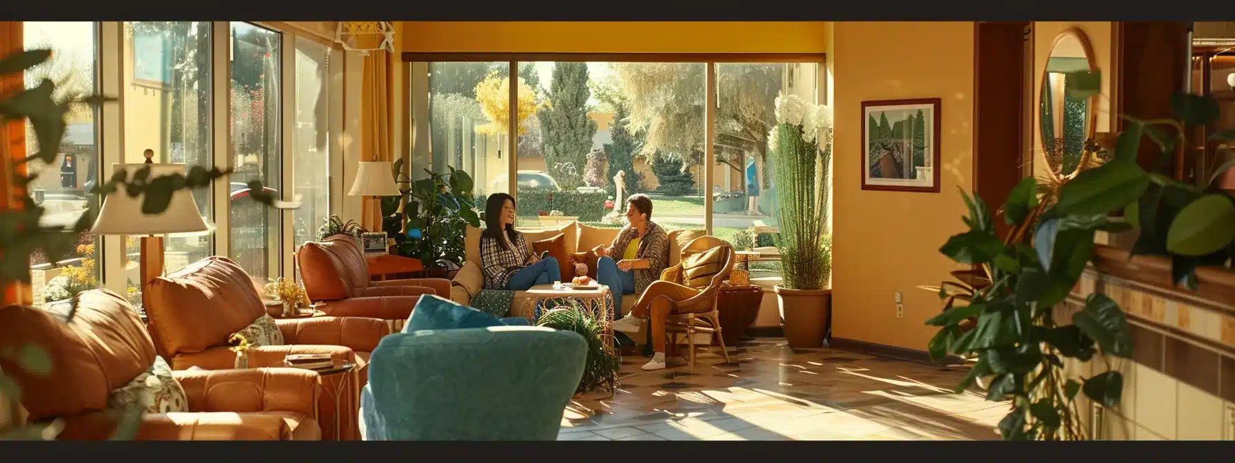 a warm, inviting nursing home lobby showcases brightly colored decor, comfortable seating, and engaged caregivers interacting with smiling residents, reflecting a supportive environment that emphasizes high-quality dementia care.