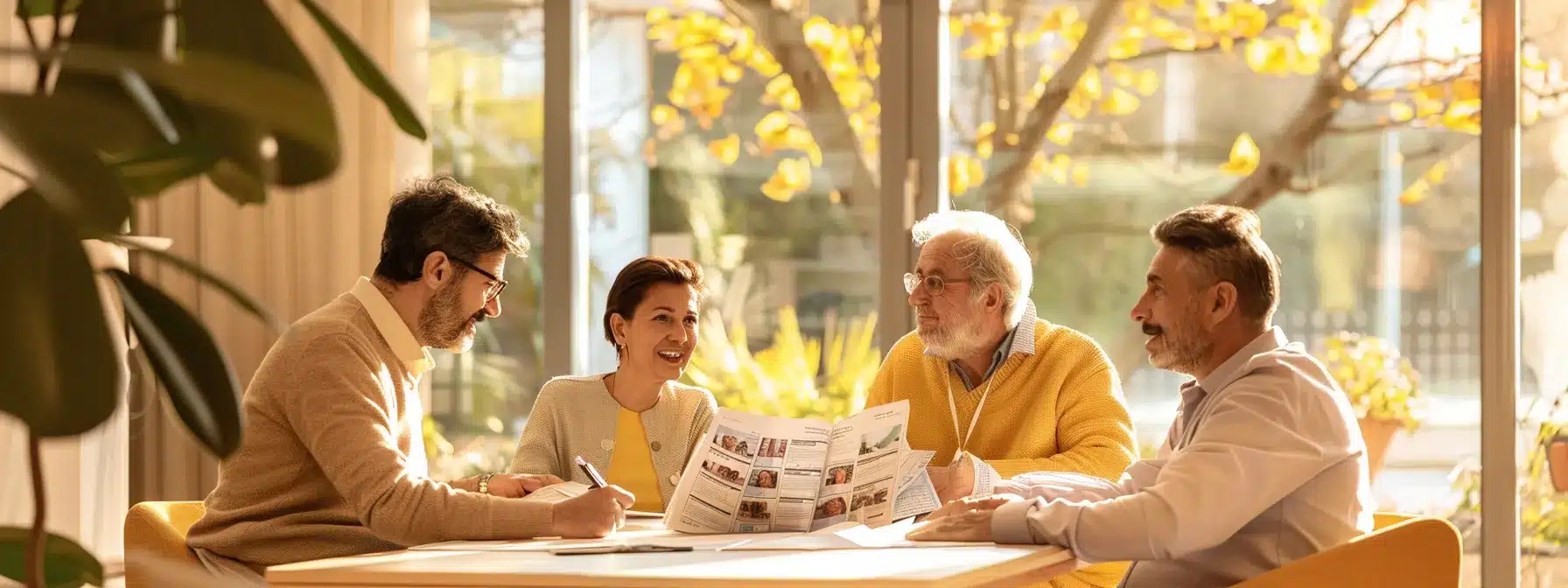 a warm, inviting office setting featuring a family gathered around a clean, modern table, examining brochures and discussing options for dementia care services, illuminated by soft, focused lighting to emphasize their thoughtful expressions.
