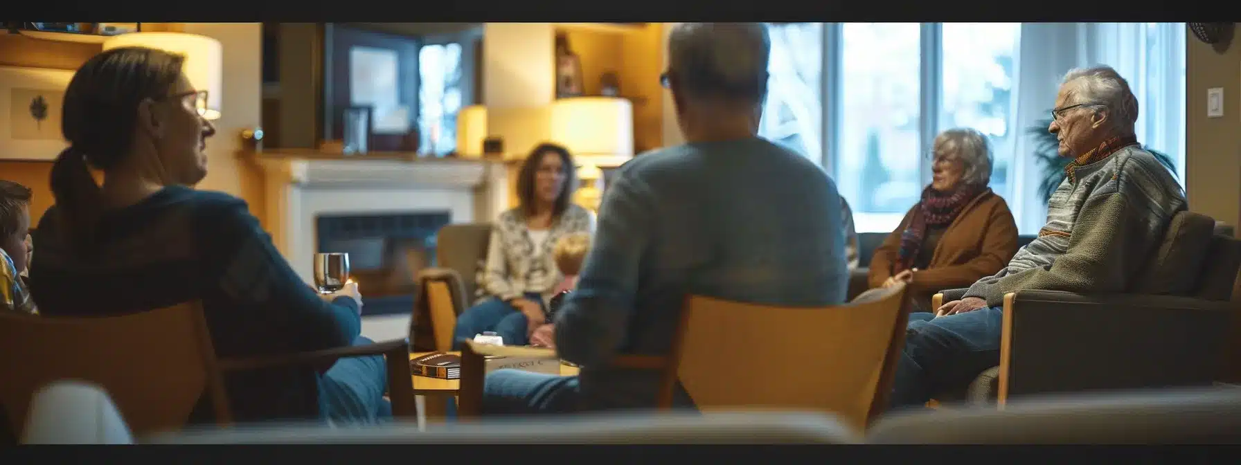 a warm, inviting residential care facility for dementia patients, featuring thoughtfully arranged communal spaces with soft lighting, where families are engaged in meaningful conversations during a guided tour, emphasizing comfort and personalized care.