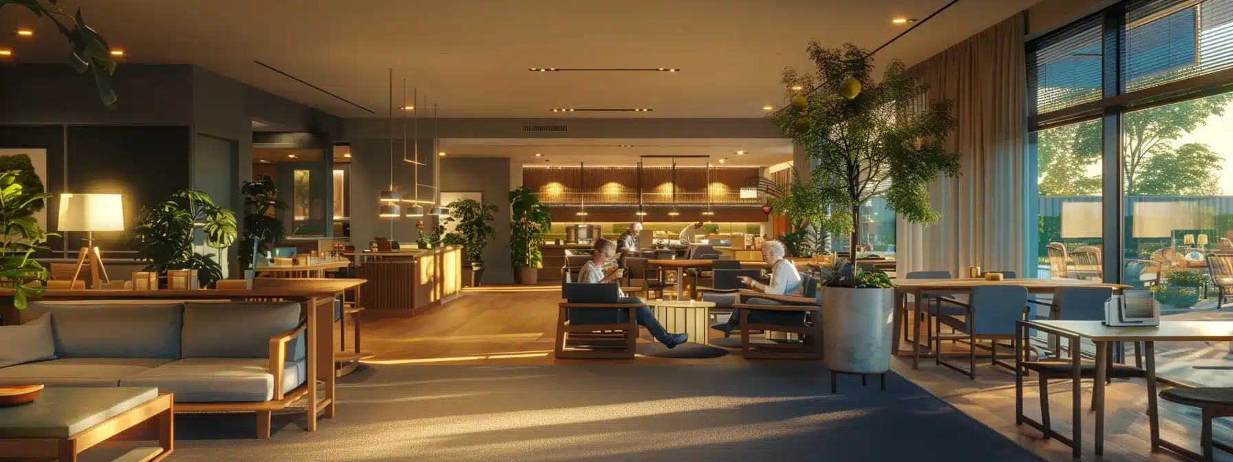 a warmly lit common area in an alzheimer care facility, showcasing residents engaging in a structured group activity, surrounded by comfortable furnishings and thoughtful decor that reflects a focus on personalized care and emotional well-being.