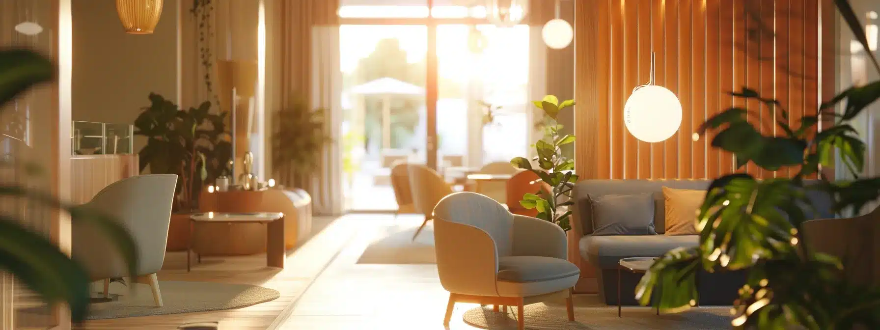 a warmly lit interior of a modern dementia care home, featuring inviting communal spaces with comfortable seating, soft pastel colors, and thoughtful memory-enhancing decorations, reflecting a nurturing environment for residents and their families.