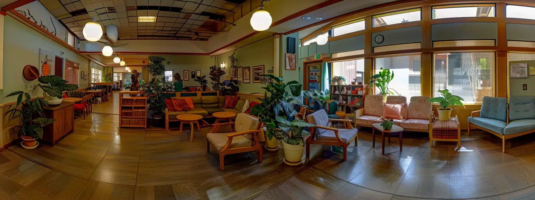 a warmly lit, inviting adult day care center in michigan, featuring comfortable seating and engaging activity spaces designed for individuals with alzheimer’s, where caregivers discuss the supportive services available in a friendly, reassuring atmosphere.