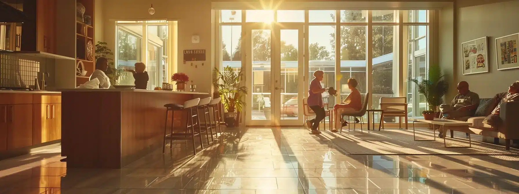 a warmly lit, modern assisted living facility showcases dedicated caregivers interacting with residents engaged in various enriching activities, emphasizing the supportive atmosphere of residential dementia care and in-home care solutions.