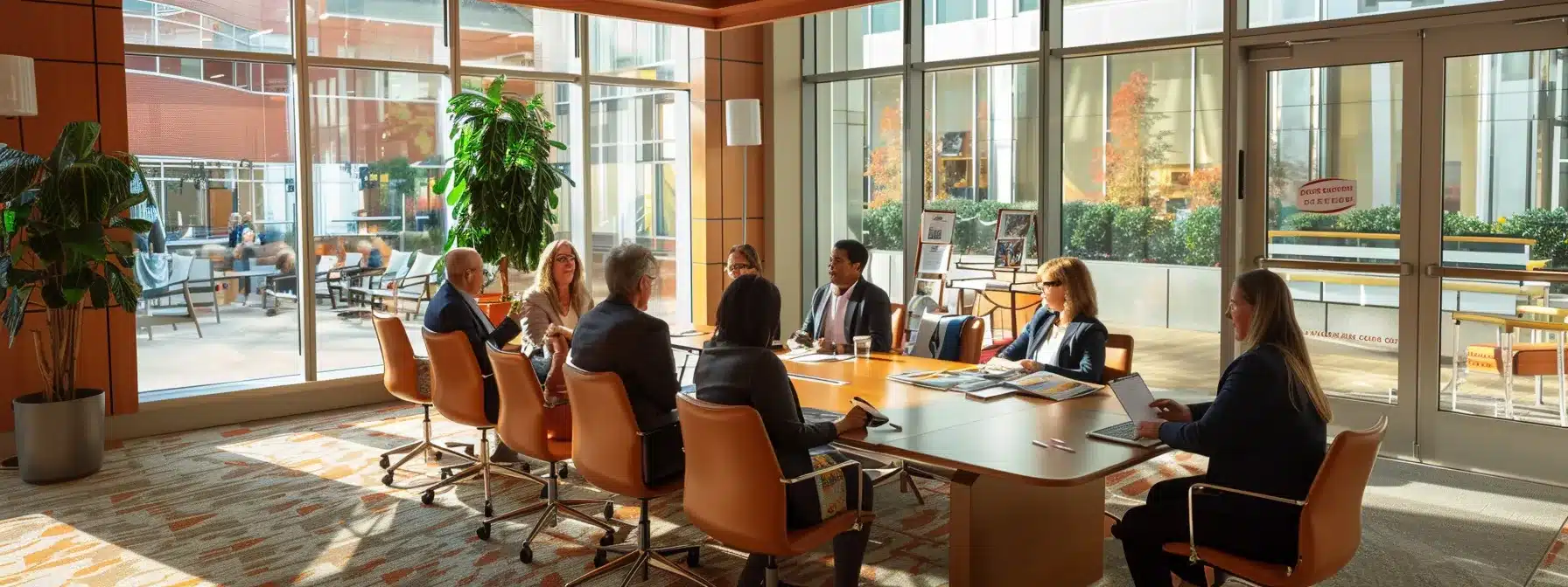 a warmly lit, modern conference room features a diverse group of caregivers engaged in a focused discussion around a large table, with informational brochures about dementia care homes spread out, highlighting collaboration and the exchange of valuable resources.