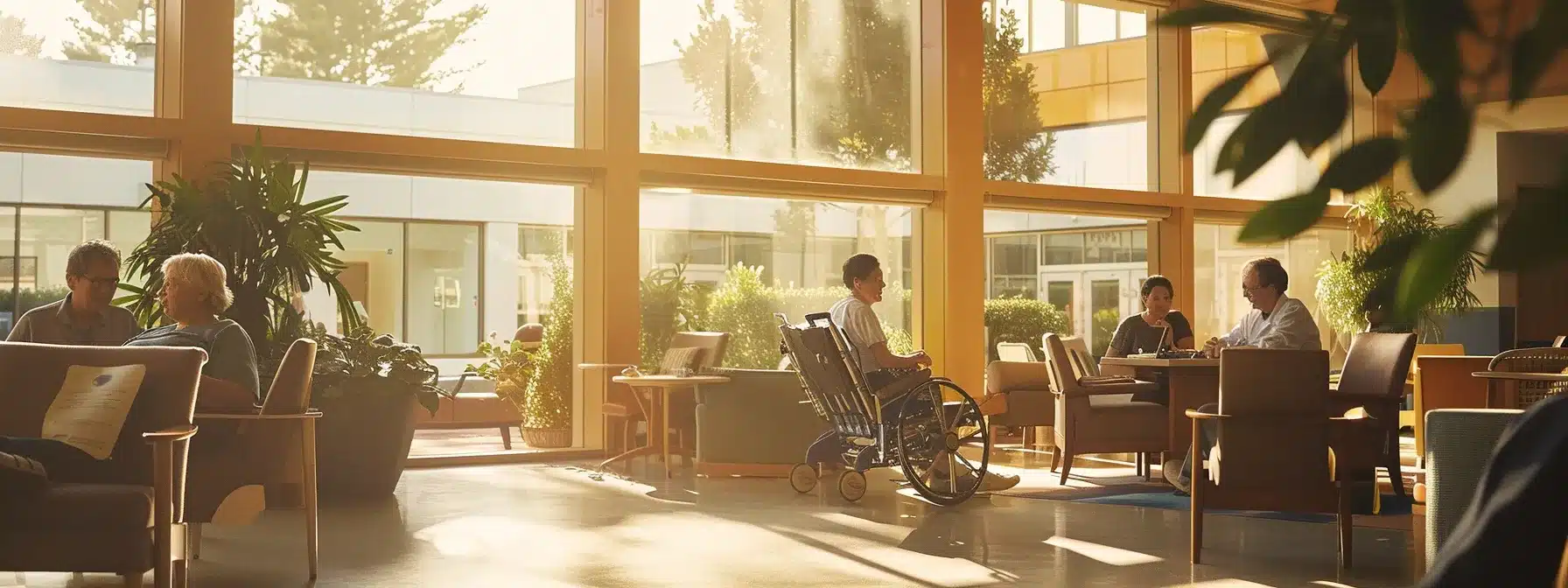 a warmly lit nursing home common area features caregivers engaging positively with residents with dementia, illustrating effective communication and supportive care practices amidst comforting furnishings and a serene, inviting atmosphere.
