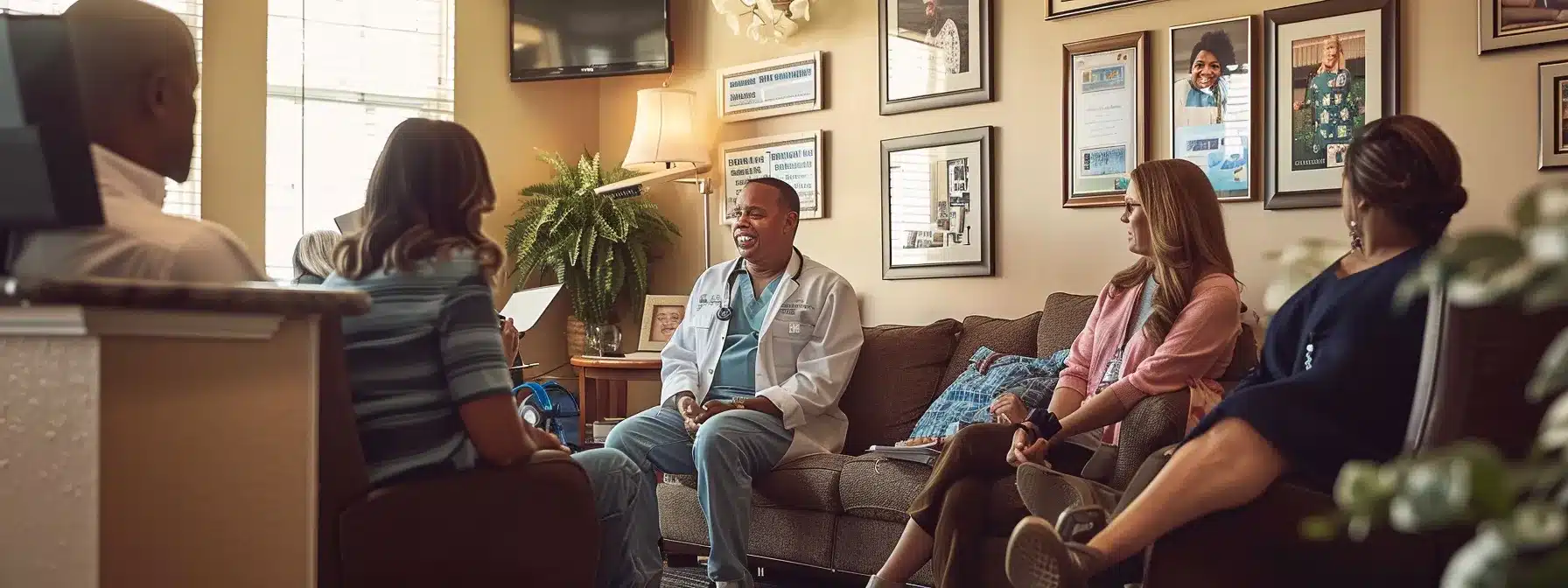 a warmly lit, professional office environment showcases a diverse group of care providers engaged in an earnest discussion, surrounded by framed testimonials from families that celebrate the positive impact of tailored residential and in-home care solutions.
