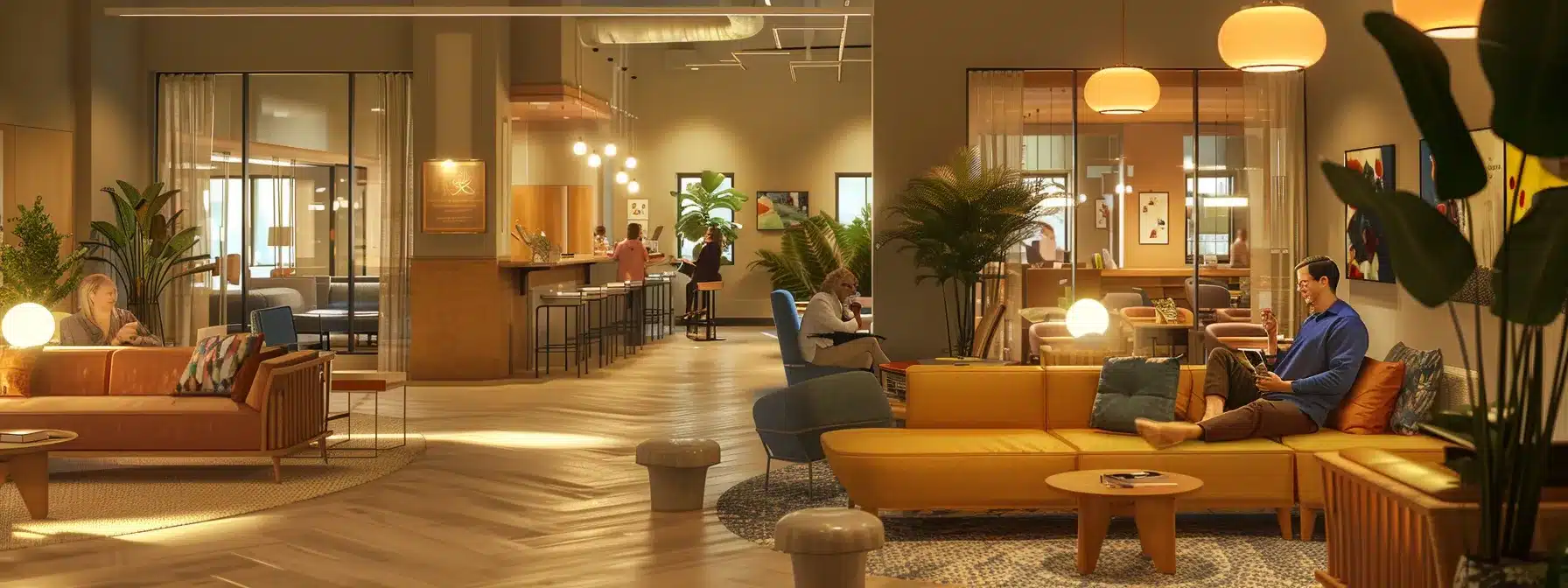 a warmly lit, secure memory care facility interior showcases comfortable lounge areas with soft furnishings and attentive staff interacting compassionately with residents, highlighting the specialized care and supportive environment dedicated to dementia care services.