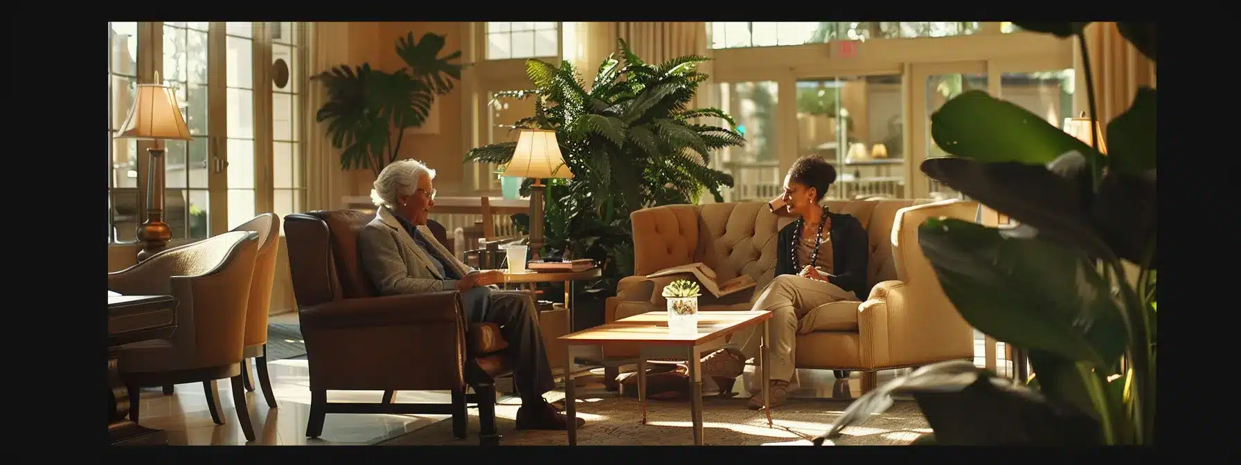 a welcoming assisted living facility reception area, featuring warm, inviting furnishings and a friendly staff member engaging with a senior resident, highlighting the supportive and community-focused environment of senior care.