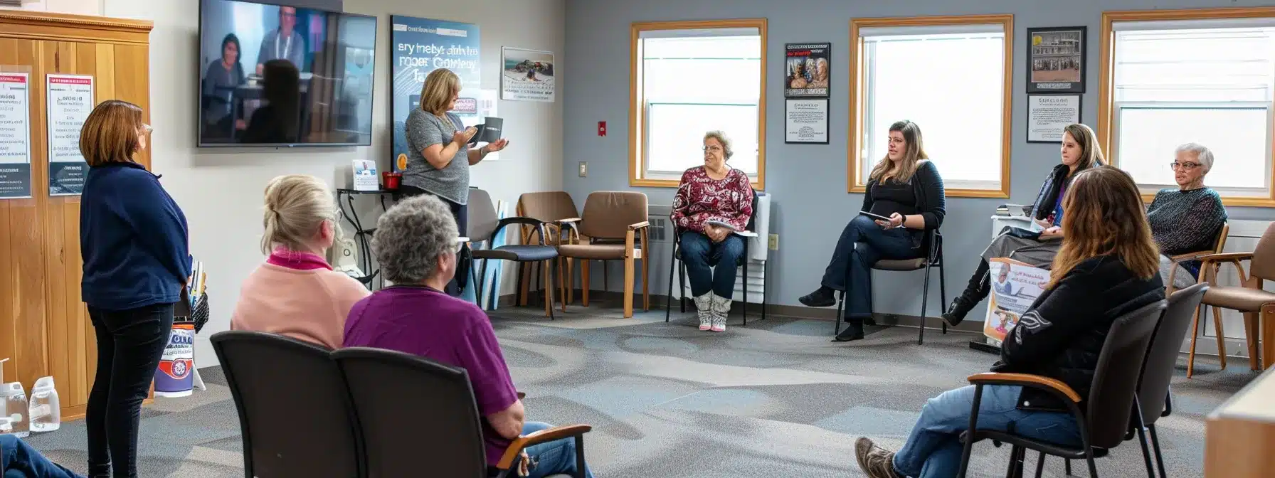 a welcoming office space filled with engaged professionals discussing resources and support for families affected by alzheimer’s, featuring informational brochures and a warm, inviting atmosphere that underscores community connection and care.
