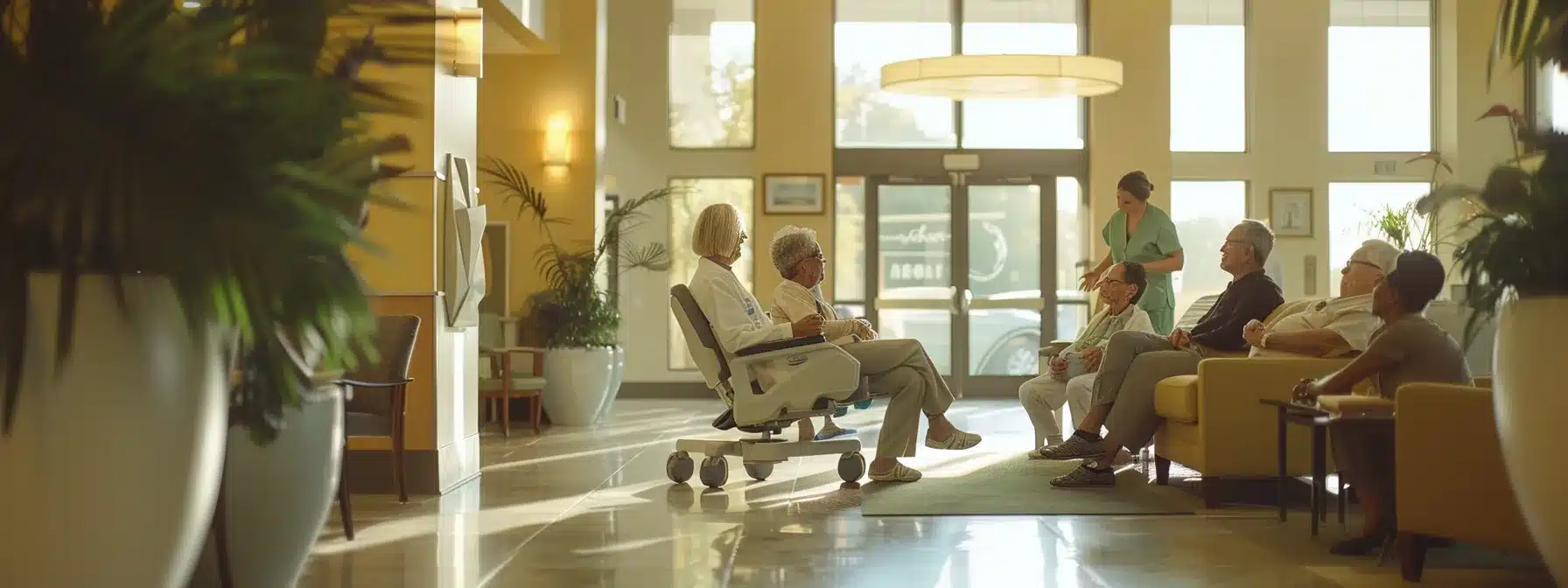 a welcoming, well-lit nursing home common area, featuring engaged staff members providing compassionate care to residents, with clear visual signage promoting dementia care standards and emergency procedures prominently displayed.