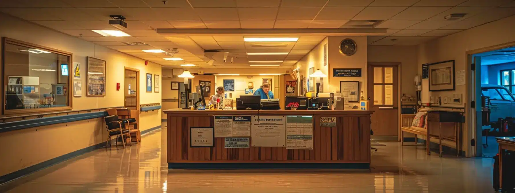 a well-organized nursing home office, featuring a large table with certification documents, a visually informative chart displaying safety and quality measures, and staff engaged in training sessions, all illuminated by bright, warm artificial lighting to create an inviting atmosphere.