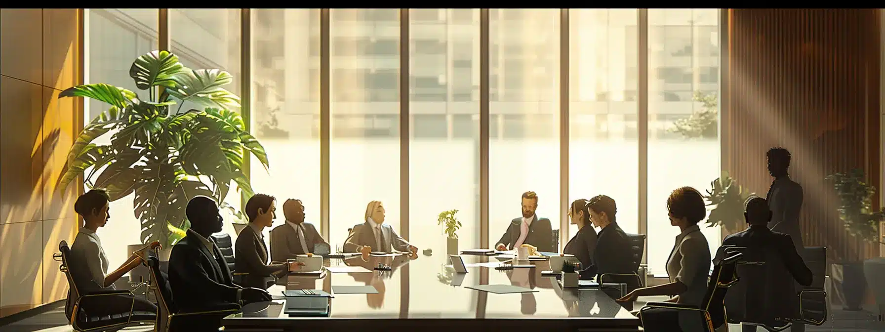 a well-appointed office space featuring a diverse group of professionals engaged in a serious discussion around a sleek conference table, illuminated by warm lighting, with documents related to medicaid and elder care prominently displayed, symbolizing collaboration in securing financial assistance for dementia care in michigan.