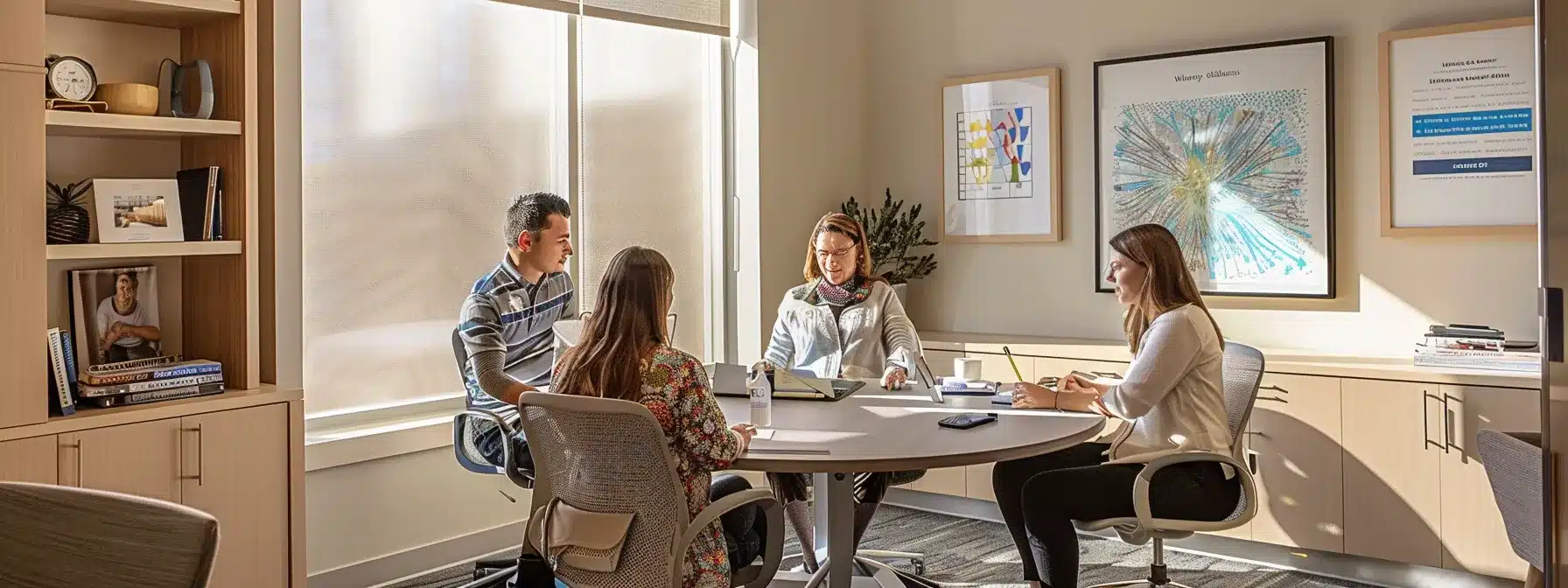 a well-organized consultation room with a round table, where a compassionate caregiver is engaged in a focused discussion with a family, surrounded by professional care charts and resources, highlighting the importance of communication in transitioning dementia care services.