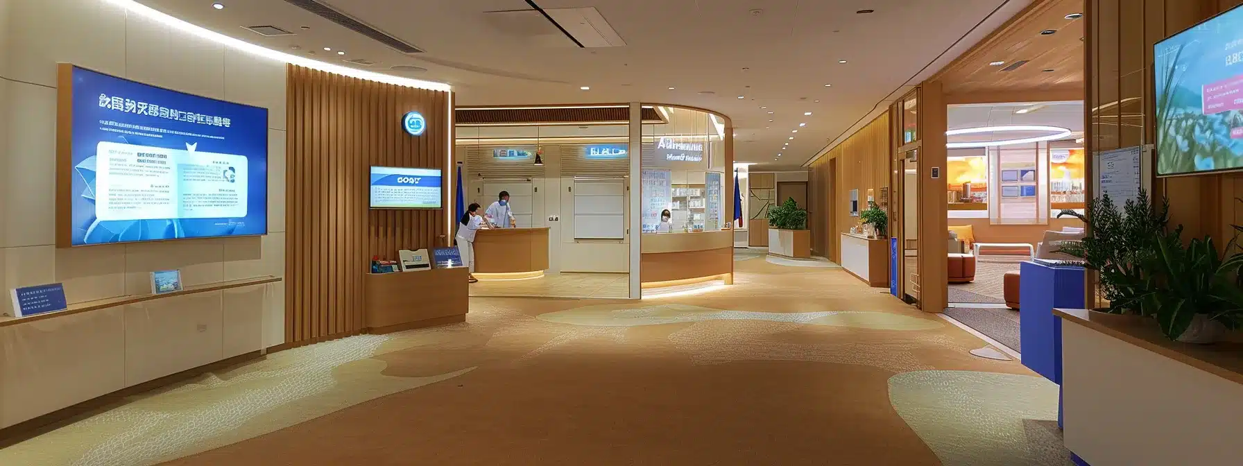 a well-lit, modern alzheimer care facility reception area, featuring friendly staff engaging with families while displaying relevant certifications and informational materials on the walls, conveying a sense of trust and professionalism in the care of patients.