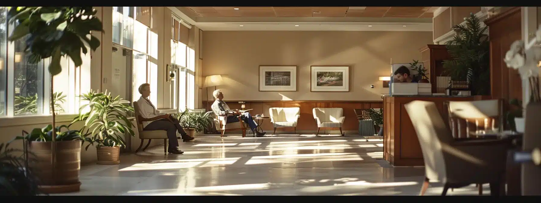 a well-lit nursing care facility showcases a welcoming, secure environment with staff members engaged in safety training, while advanced resident monitoring systems are prominently displayed in the background.
