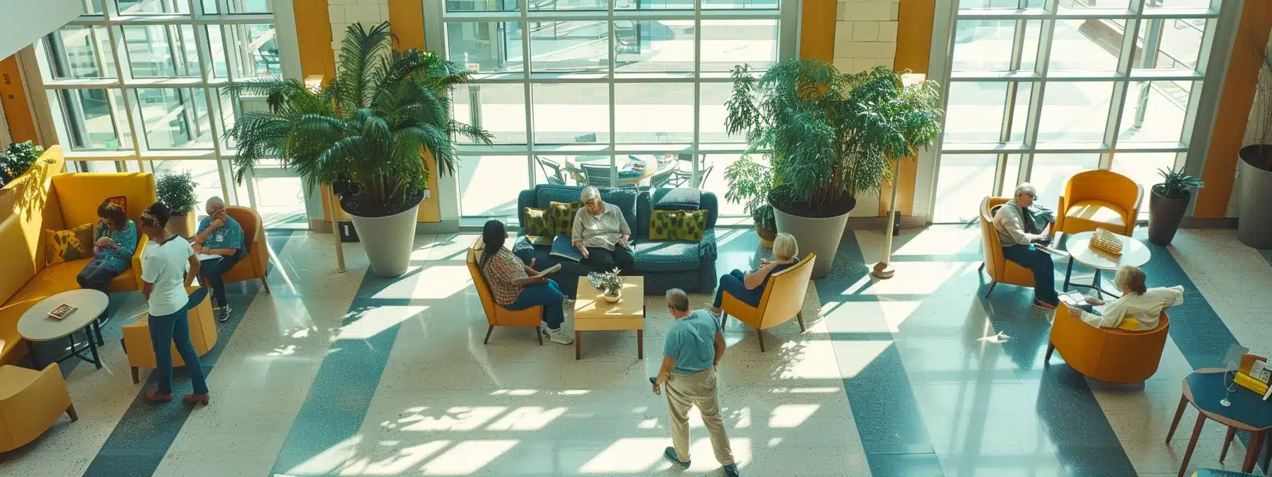 a well-organized, modern healthcare facility features a spacious common area with caregivers engaging attentively with dementia patients, emphasizing a supportive environment that prioritizes safety measures and comfort in care.