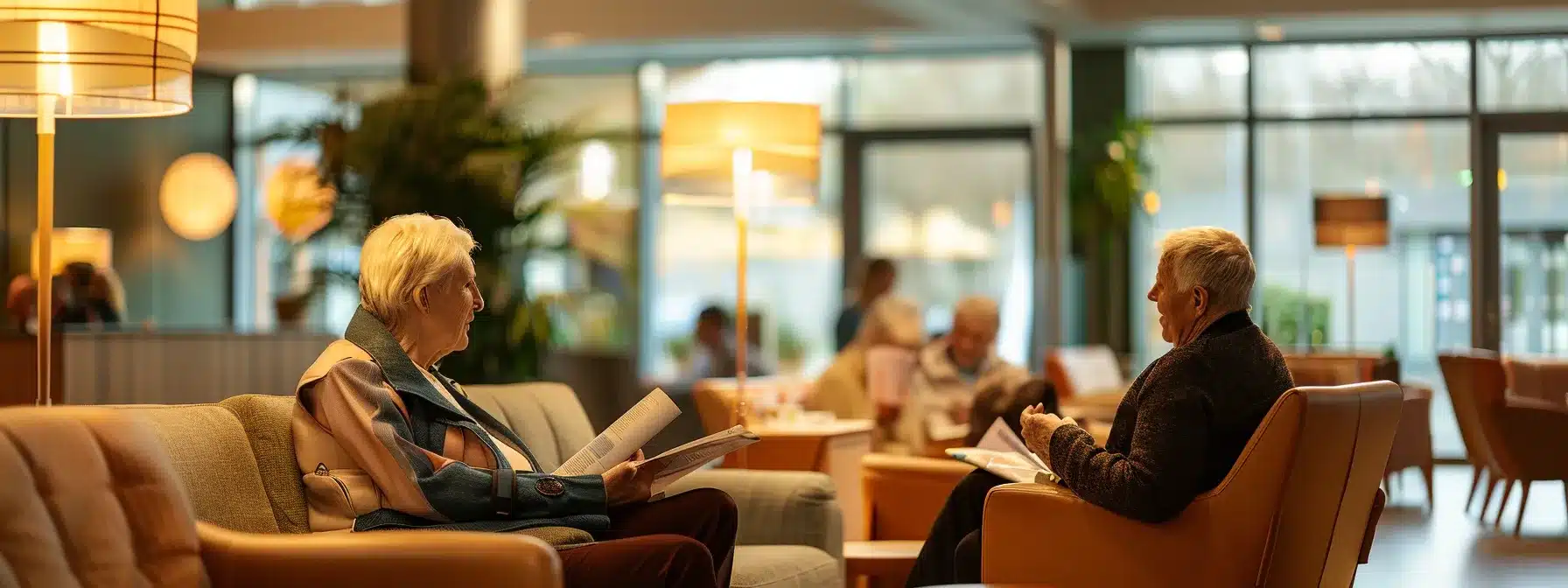 a well-appointed nursing home lounge, featuring warm lighting and comfortable seating, where families engage in thoughtful discussions about certification standards while reviewing informative brochures on quality care options for elderly residents.
