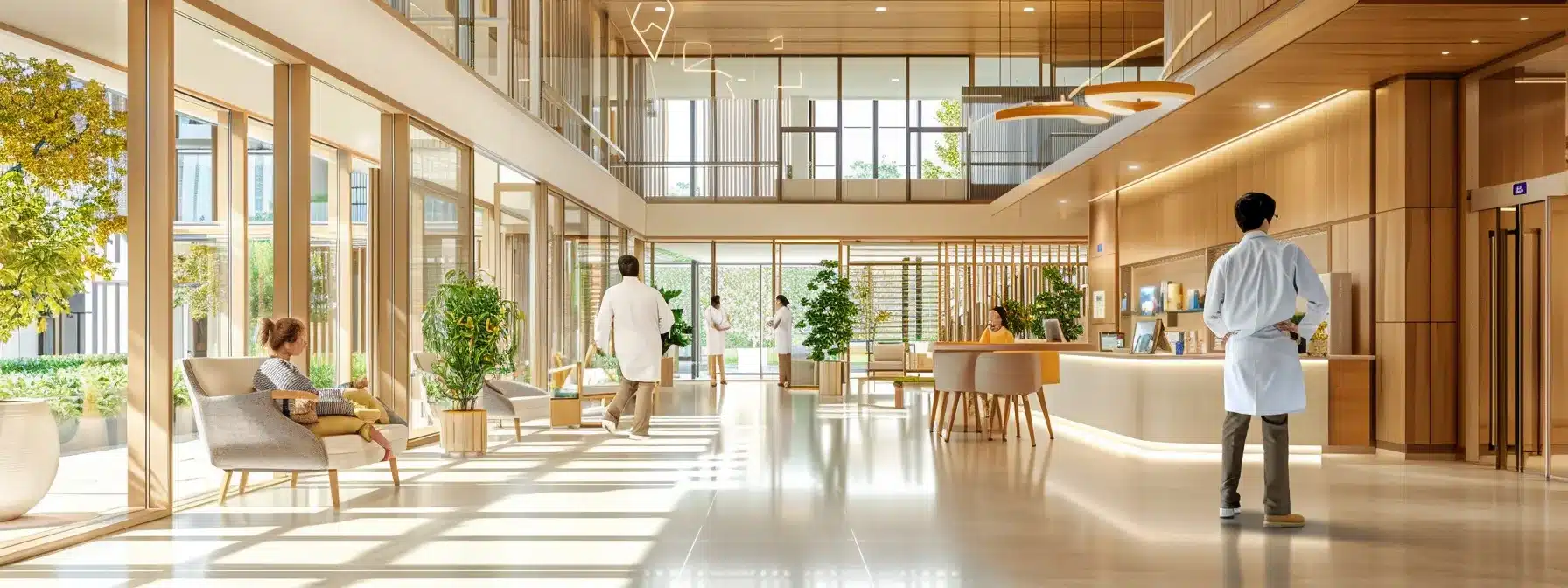 an advanced nursing home interior showcases residents engaging with telehealth services and monitoring technologies, highlighting a modern, vibrant atmosphere that emphasizes enhancements in dementia care through innovation and support.