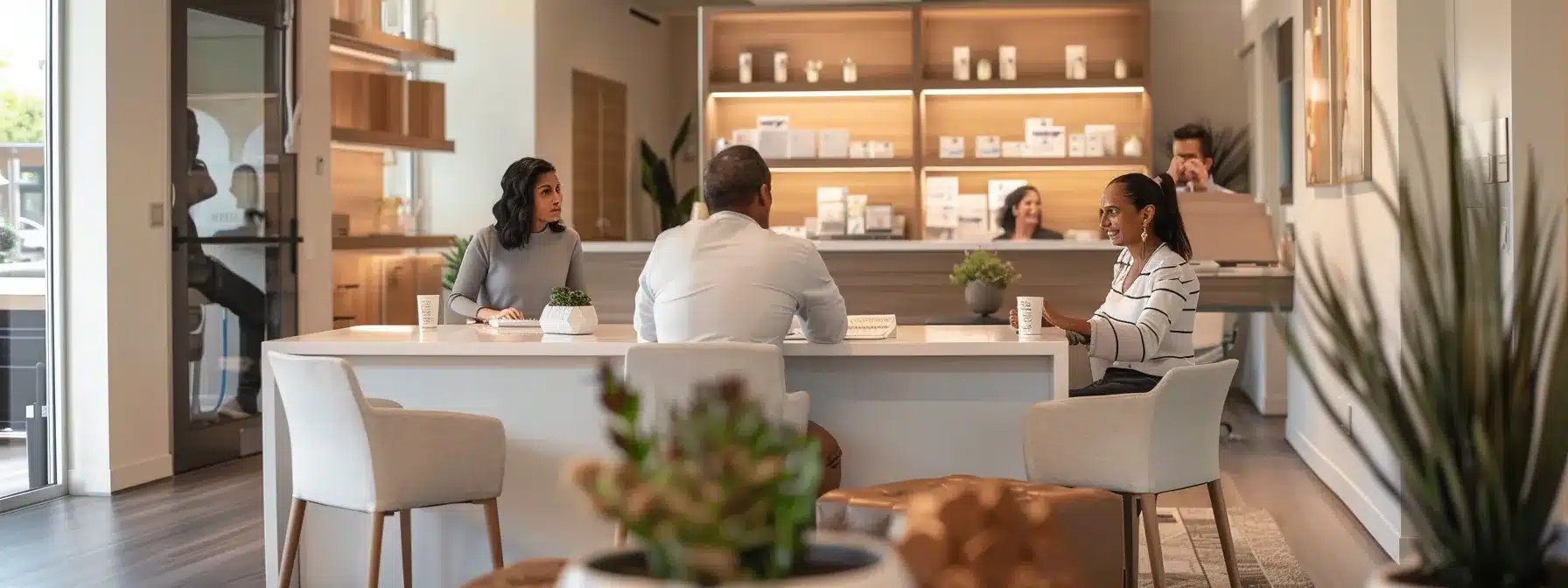 an elegantly designed, modern healthcare office featuring a compassionate caregiver discussing tailored dementia care plans with a family at a sleek conference table, highlighting the importance of social interaction and personalized care in a warm, professional atmosphere.