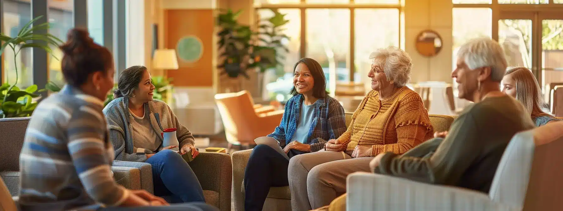 an inviting, modern assisted living facility common area showcases diverse residents engaging in thoughtful discussions, highlighting the various care options available while promoting a sense of community and well-being.