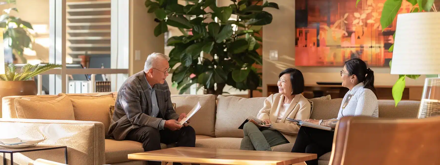 an inviting office setting features a compassionate financial advisor consulting with a family, surrounded by resource materials on dementia care options, creating a warm atmosphere that emphasizes support and preparedness.