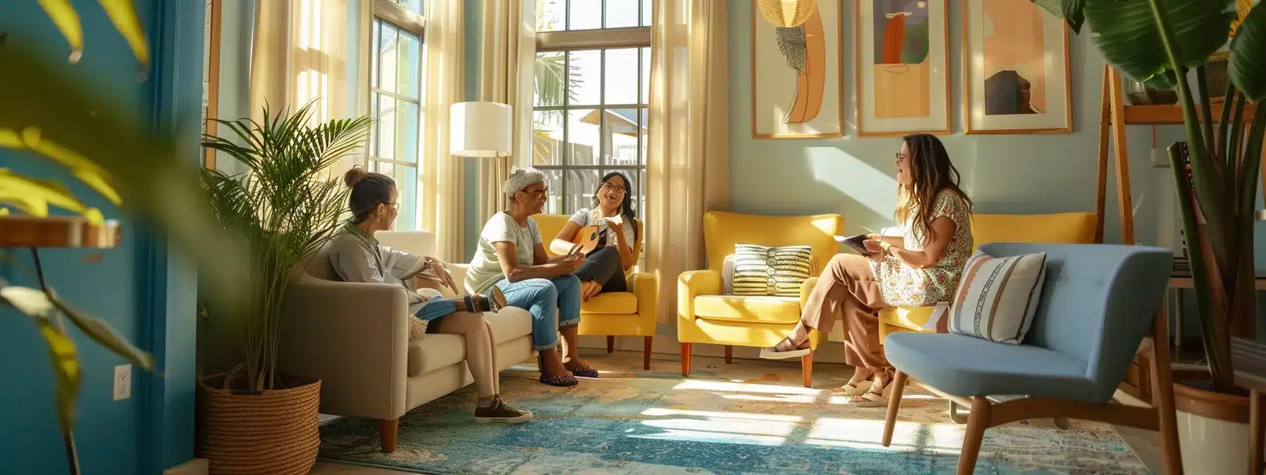 an inviting, well-lit common area in a dementia care home, featuring comfortable seating and personalized decor, captures the essence of warmth and stability, showcasing residents engaged in a music therapy session that fosters connection and well-being.