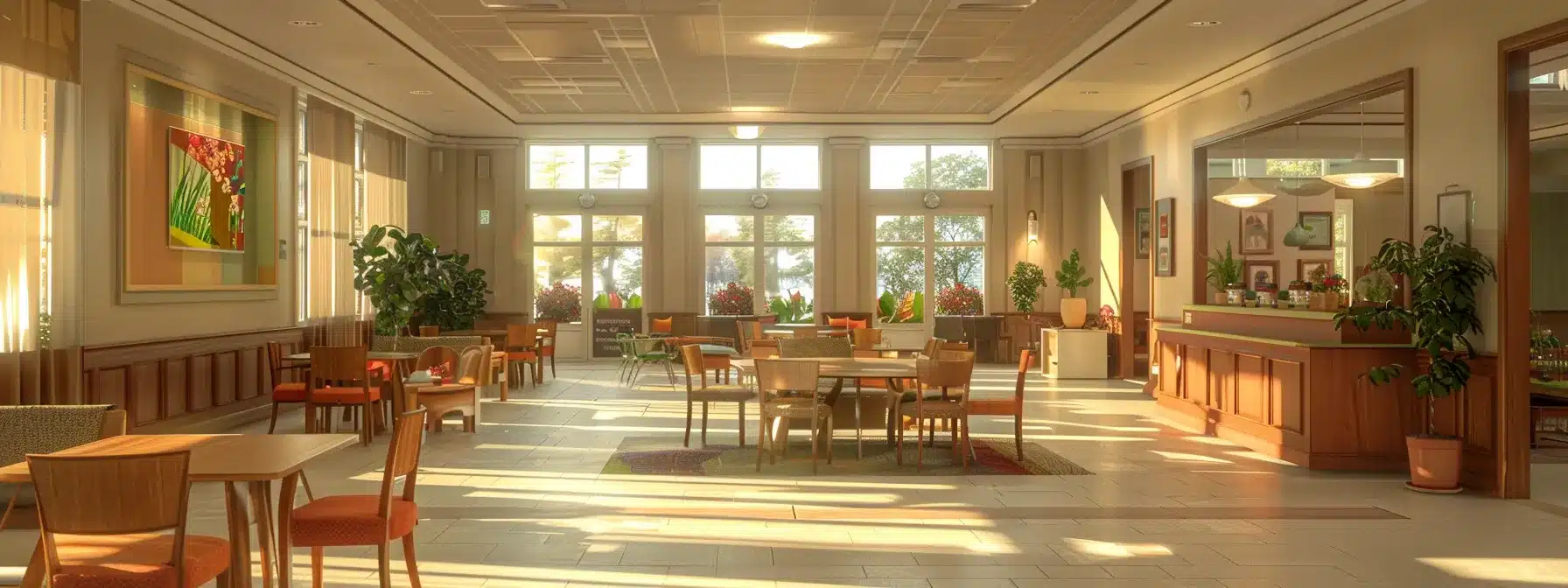 an inviting, well-lit alzheimer's care facility features a warm communal area where family members actively engage in supportive discussions with staff, surrounded by resources and materials that promote family involvement and well-being.