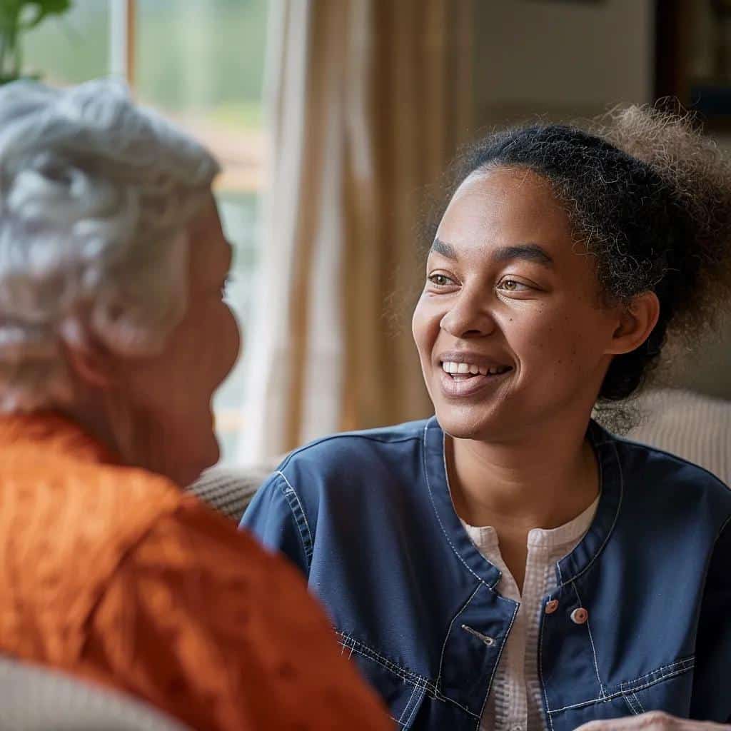 Caregiver providing personalized attention to a senior resident in a home-like environment