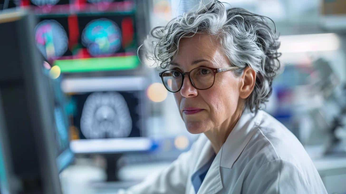 a close-up of a determined researcher in a modern office laboratory, surrounded by advanced brain imaging equipment and colorful neural models, conveys the intensity of studying the neurological changes linked to emotional shifts in dementia patients.