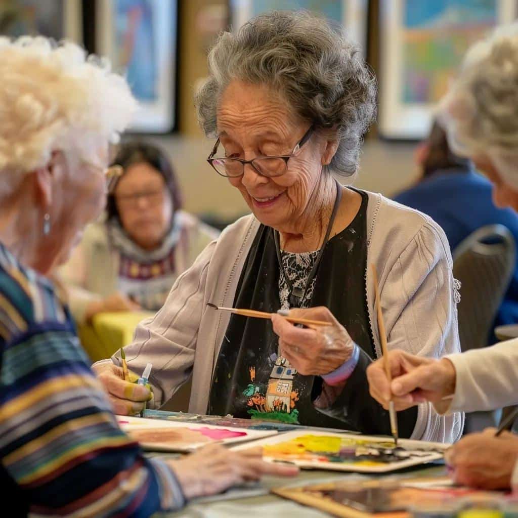 Residents engaging in an intergenerational art class with local volunteers at a memory care facility