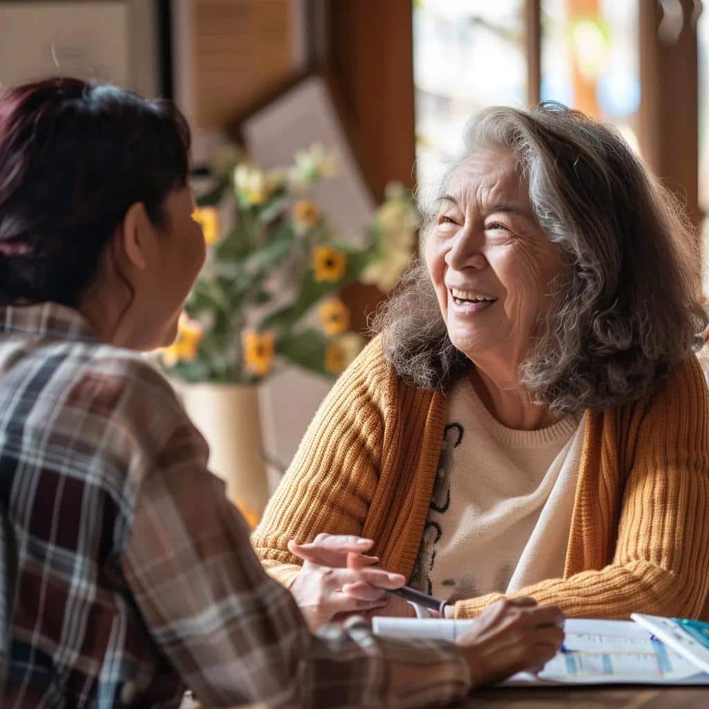 Family member discussing memory care needs with a caregiver